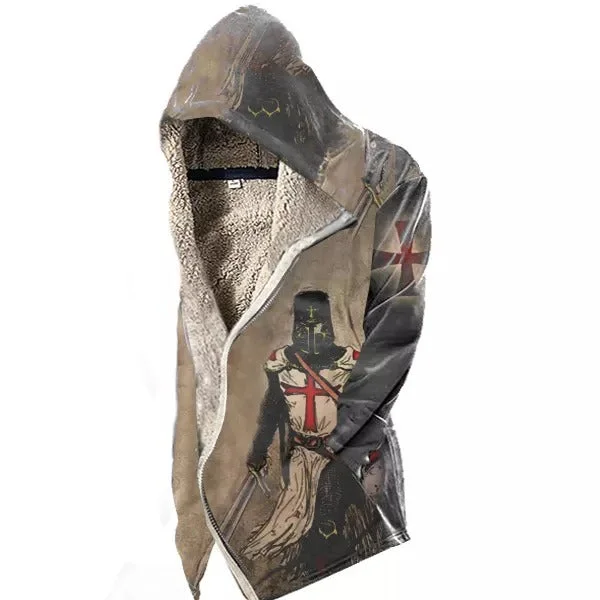 Mens Vintage Templar Cross Hooded Fleece Jacket