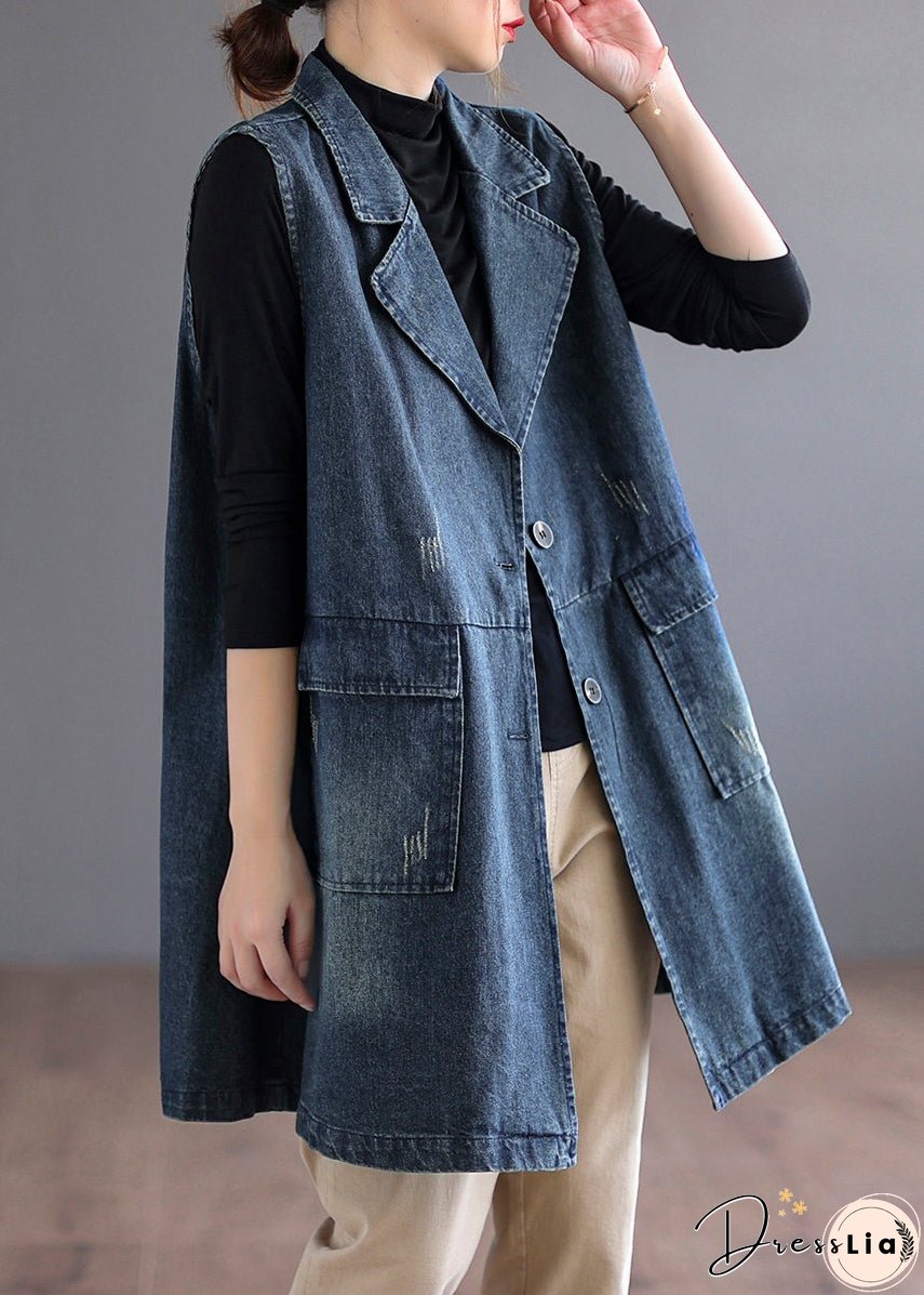 Plus Size Blue Peter Pan Collar Pockets Denim Waistcoat Long Sleeve