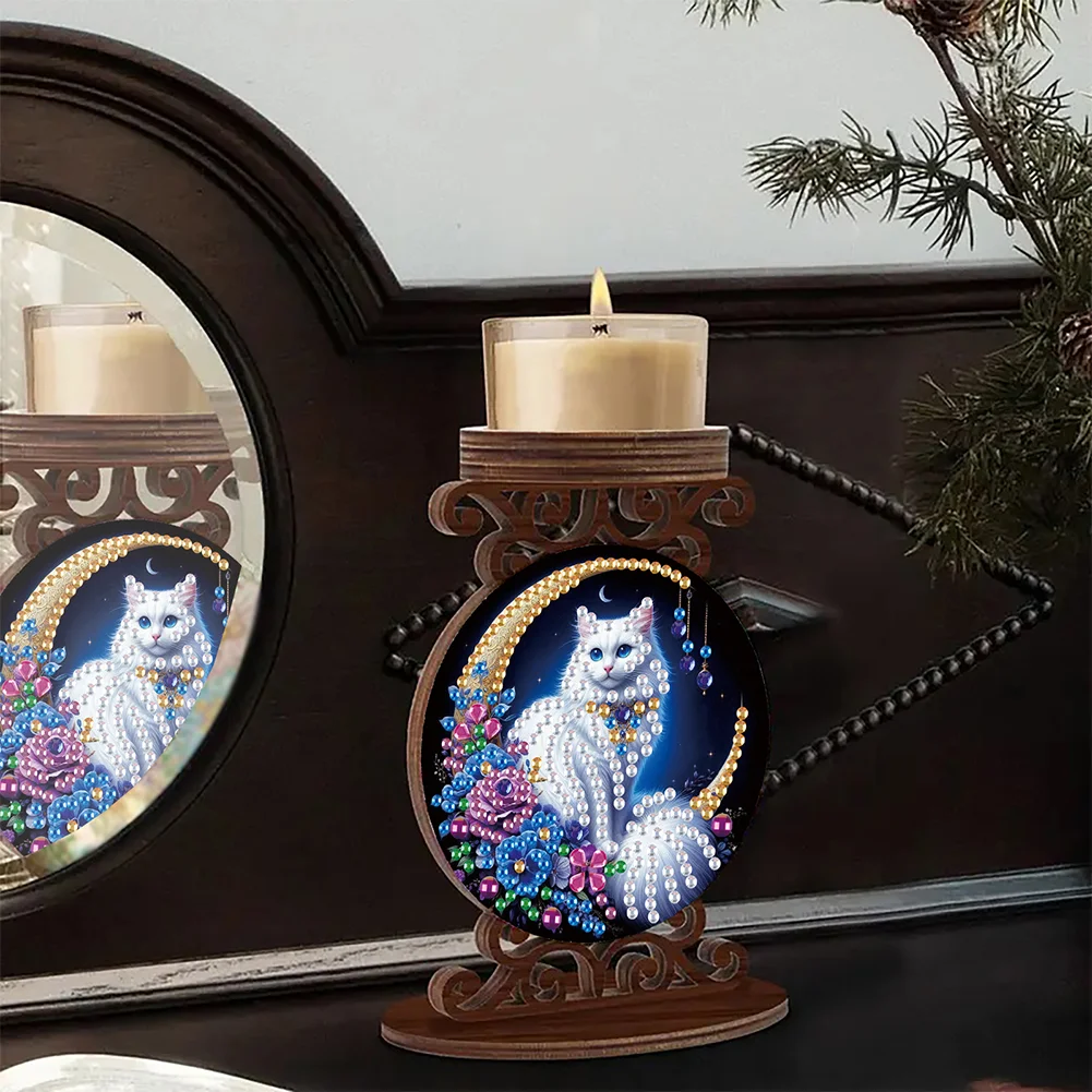 Wooden Diamond Painting Candle Holder Rhinestone Candlestick Decor (Cat)