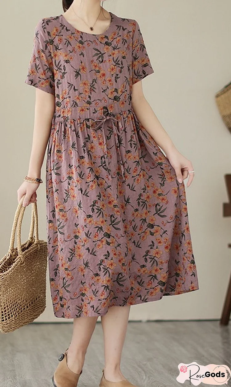 Floral-Print Crew Neck Short Sleeve Floral Weaving Dress