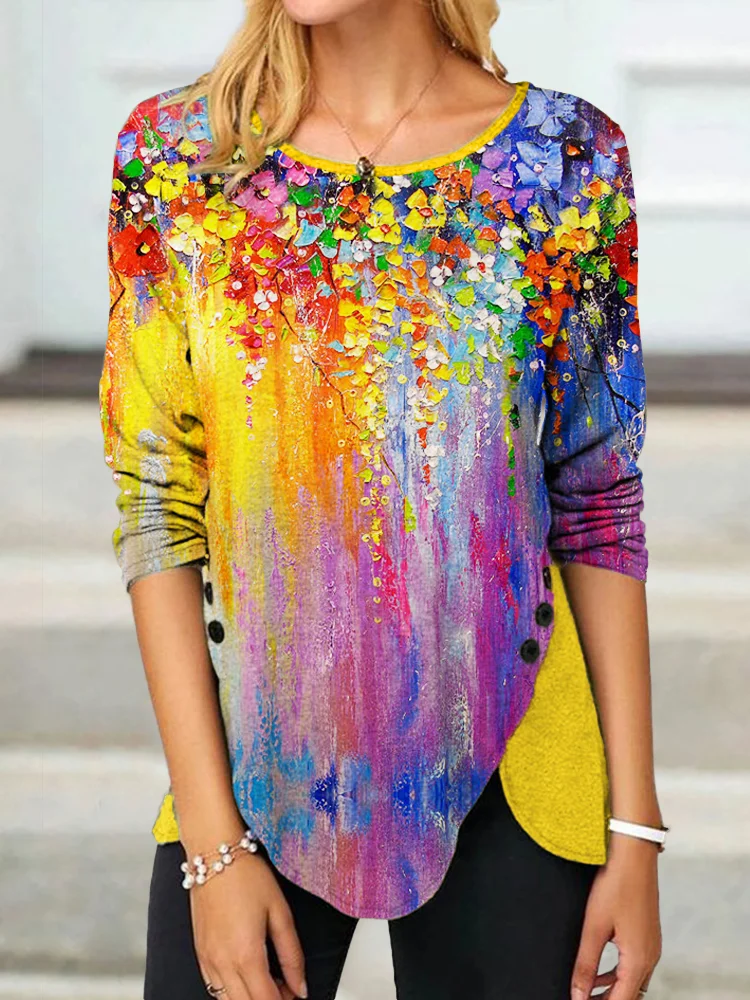 Colorful Flowers Oil Painting Button Slit T Shirt