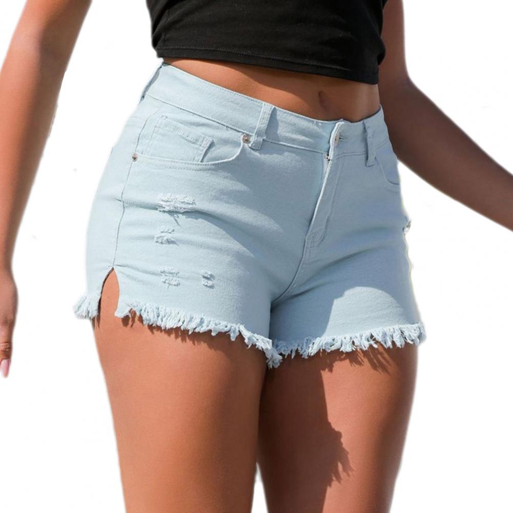 Monroewheels Women Summer Denim Shorts Slim Fit High Waist Ripped Edge Solid Color Button Zipper Closure Breathable Party Club Short Jeans