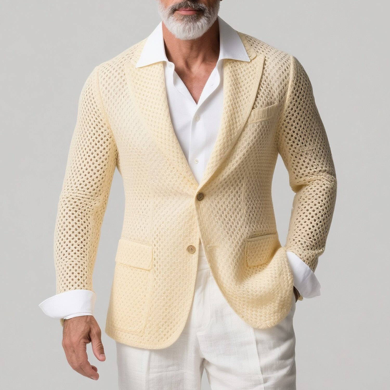 Men's Open Knit Peak Lapel Two Button Long Sleeve Blazer