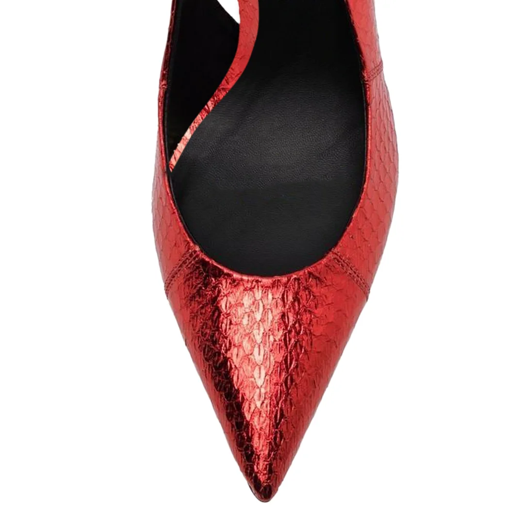 Metallic Finish Croc-Embossed Pointed Slingback Party Pumps in Red
