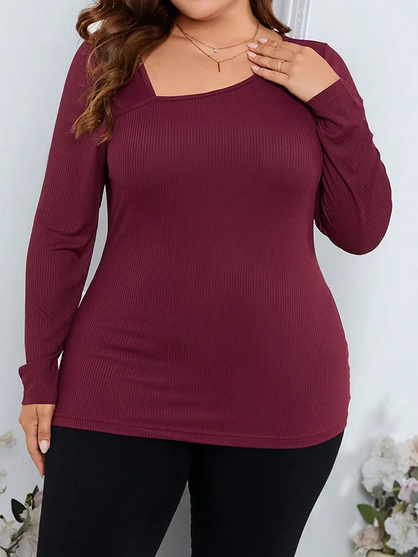 Solid Color Long Sleeves Plus Size Asymmetric Collar T-Shirts Tops