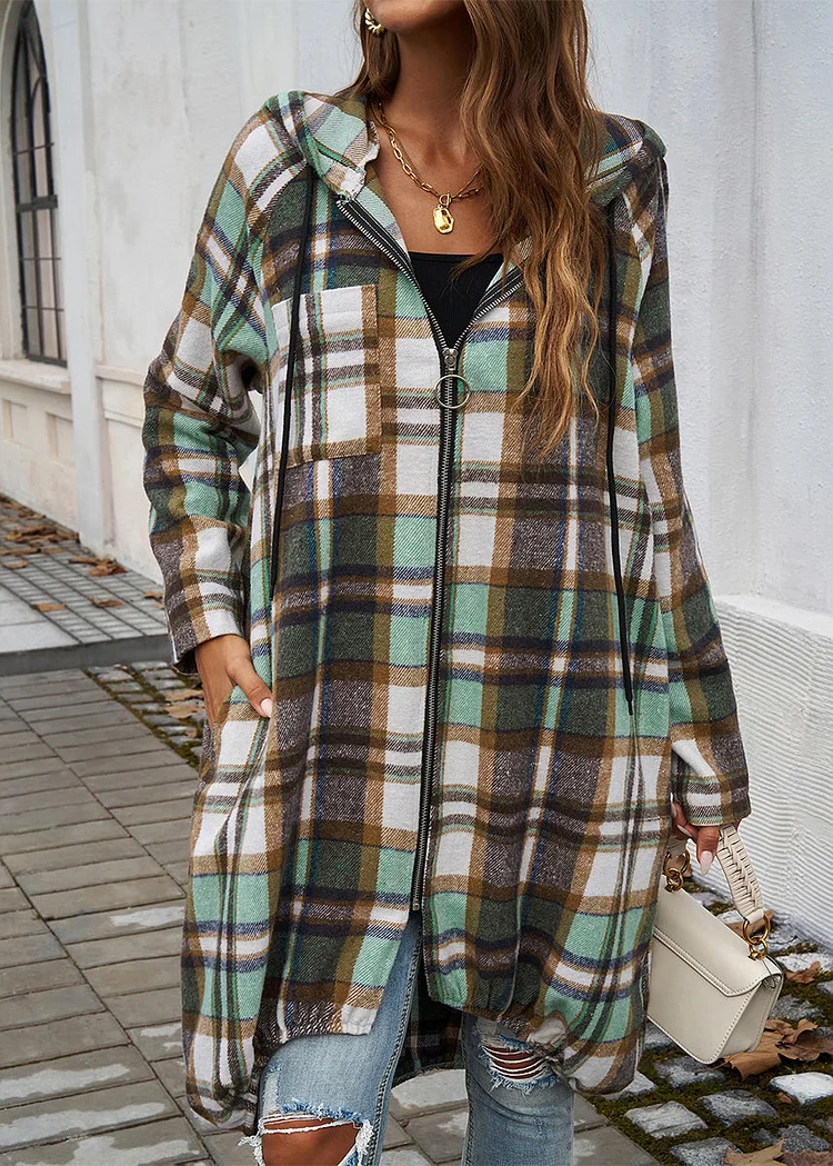Casual Green Plaid Zippered Pockets Cotton Hooded Coat Fall