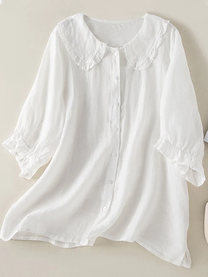 Cotton Loose Peter Pan Ruffles Neck Shirt