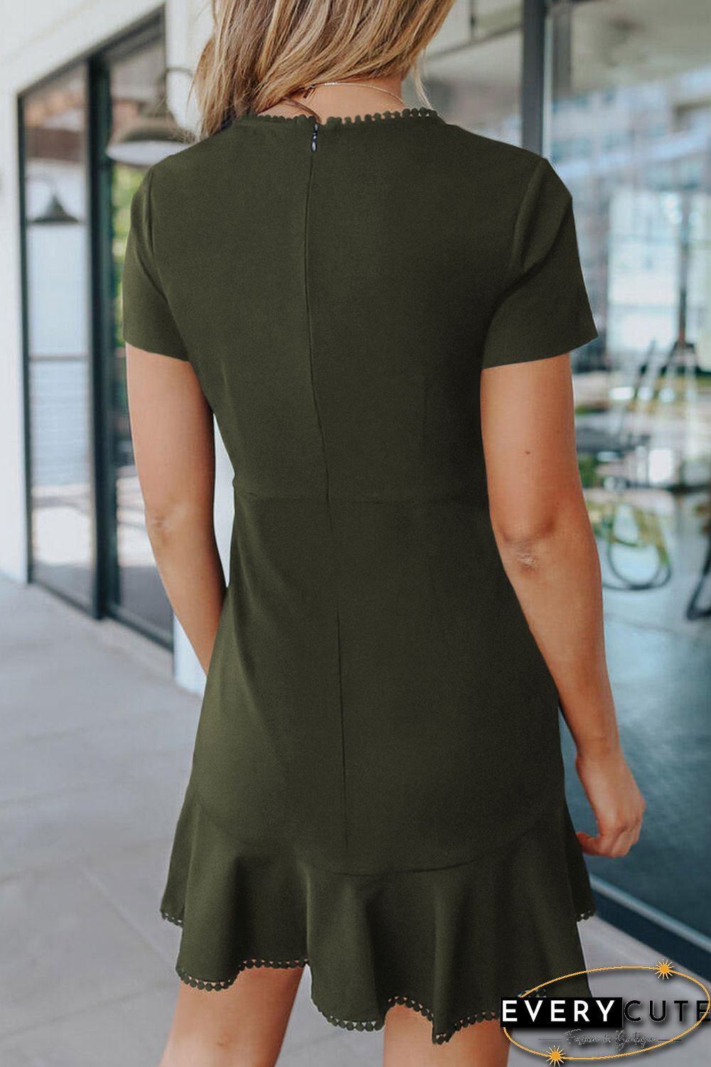 Green Tassel Ruffle Short Sleeve Mini Dress