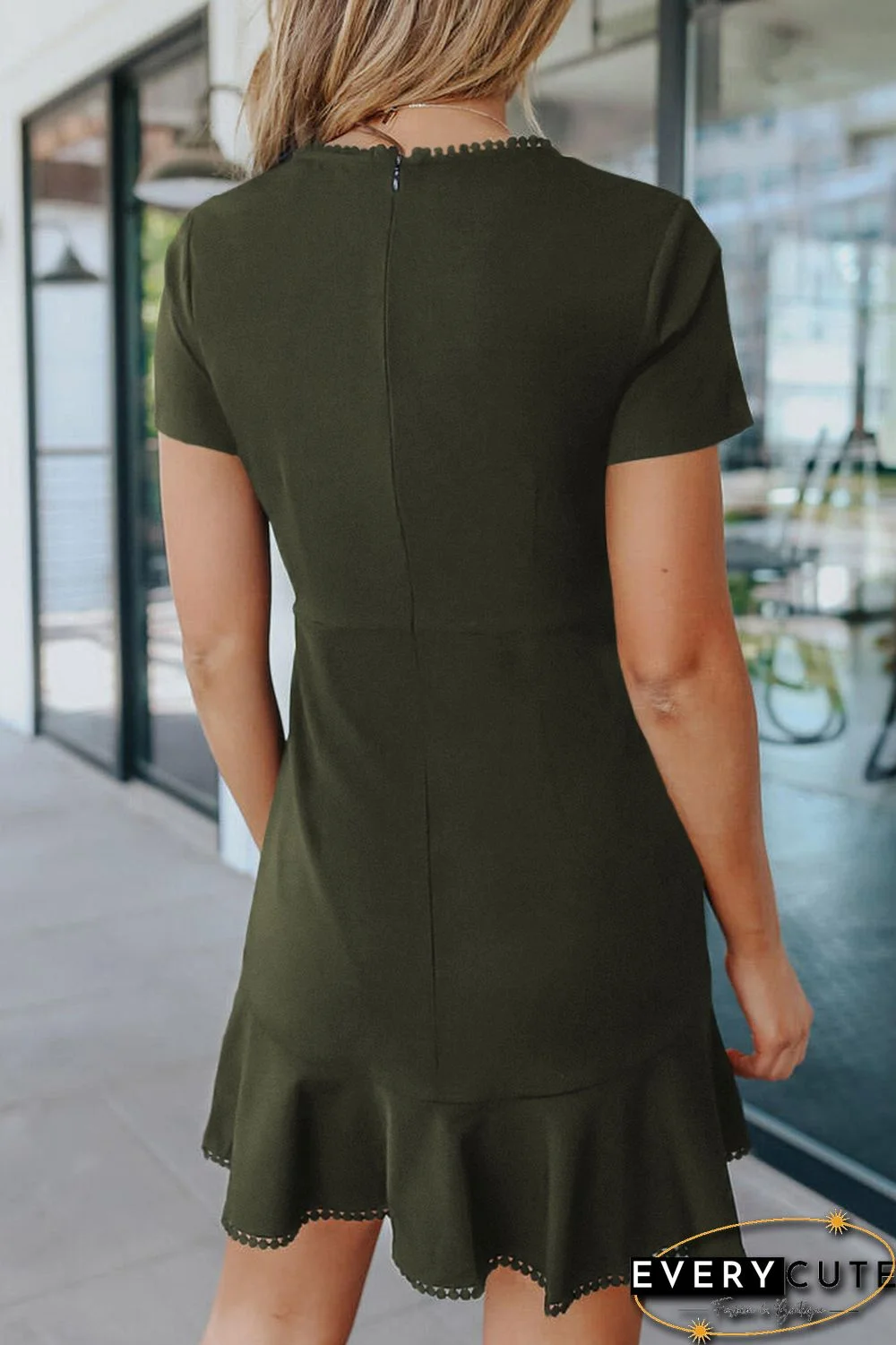 Green Tassel Ruffle Short Sleeve Mini Dress