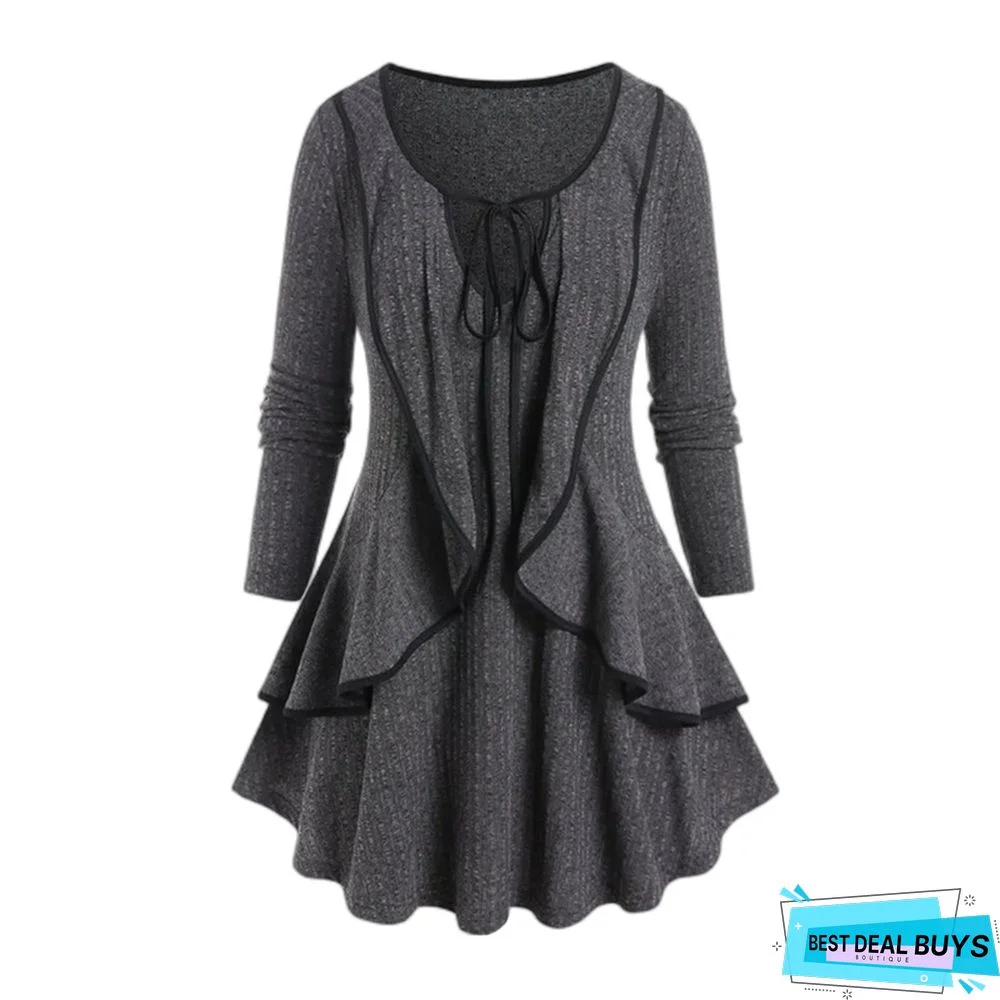 Flounce Solid Cotton-Blend Long Sleeve Women Dress