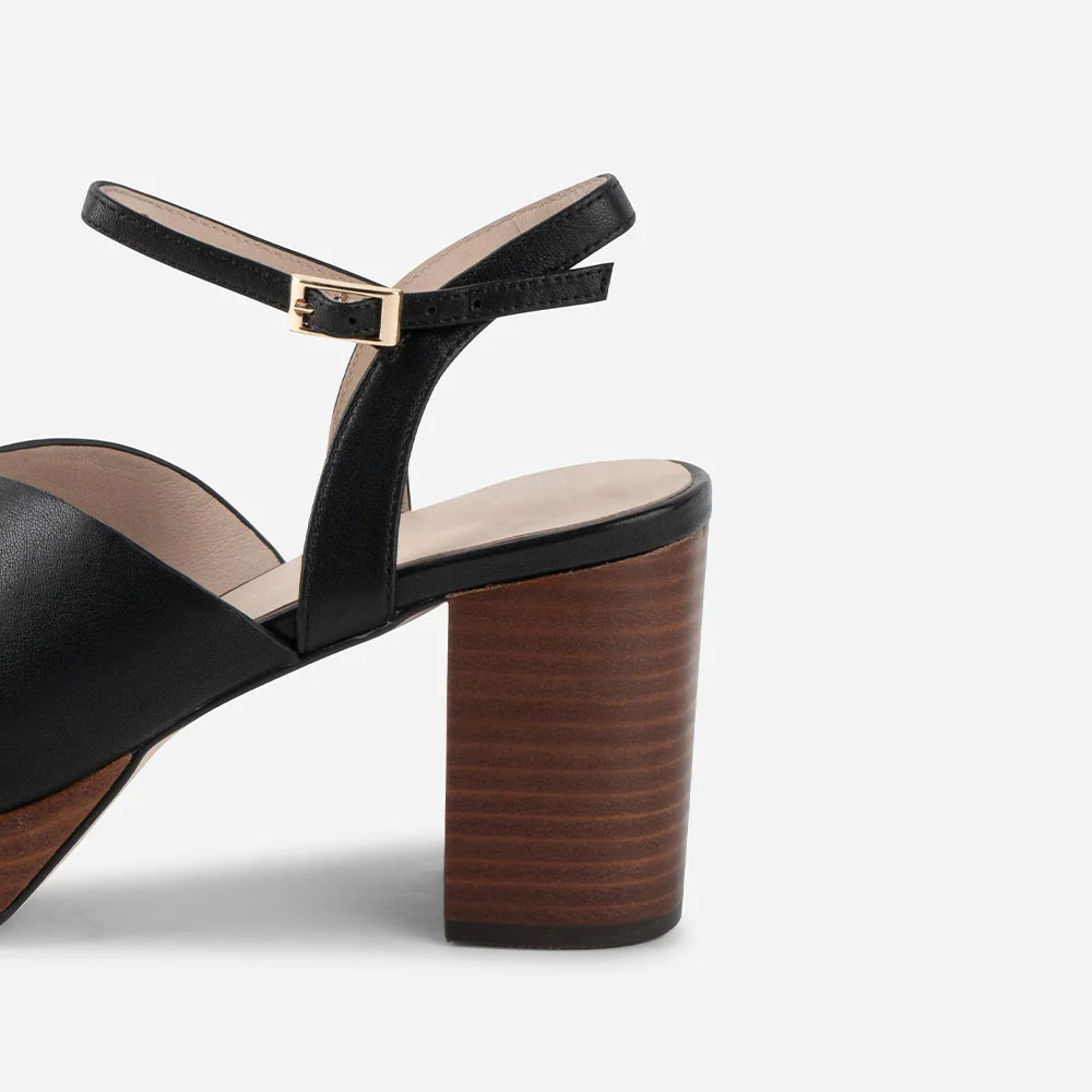 Chunky Heel Square Toe Ankle Strap Buckle Black Platform Sandals