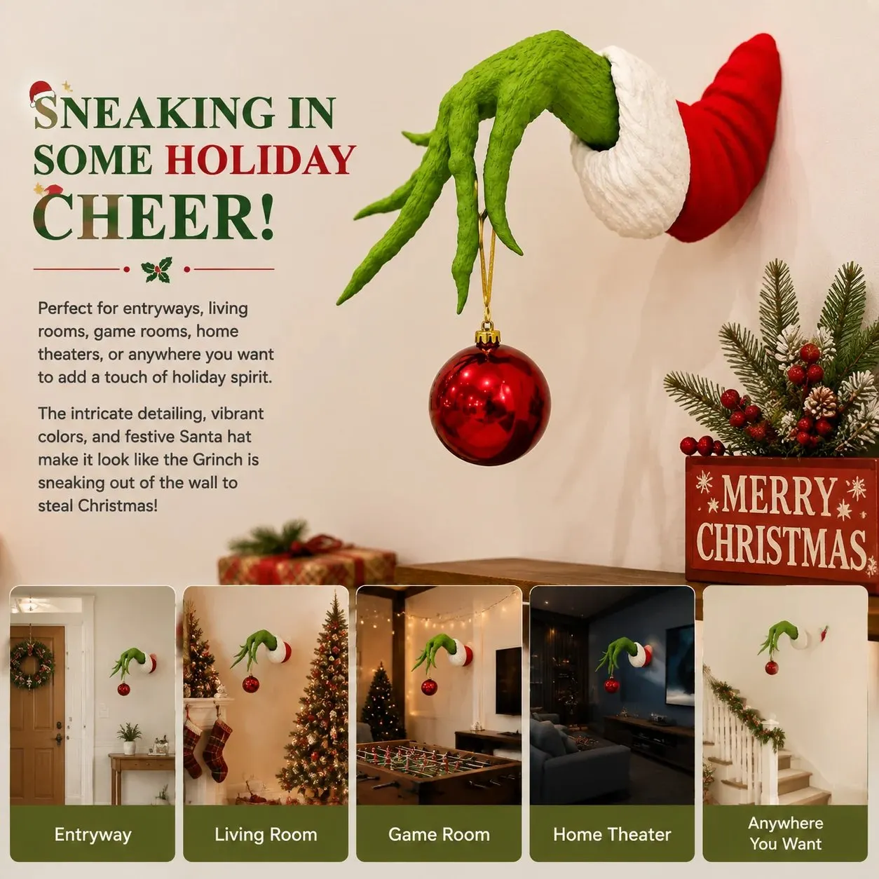 Christmas hand hook displayed on wall doorway and mantel
