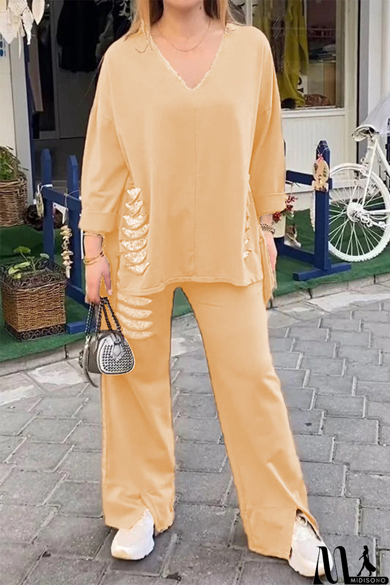 MidiSono - Casual Daily Ripped Sequins Irregular V Neck Half Sleeve Two Pieces(8 Colors)