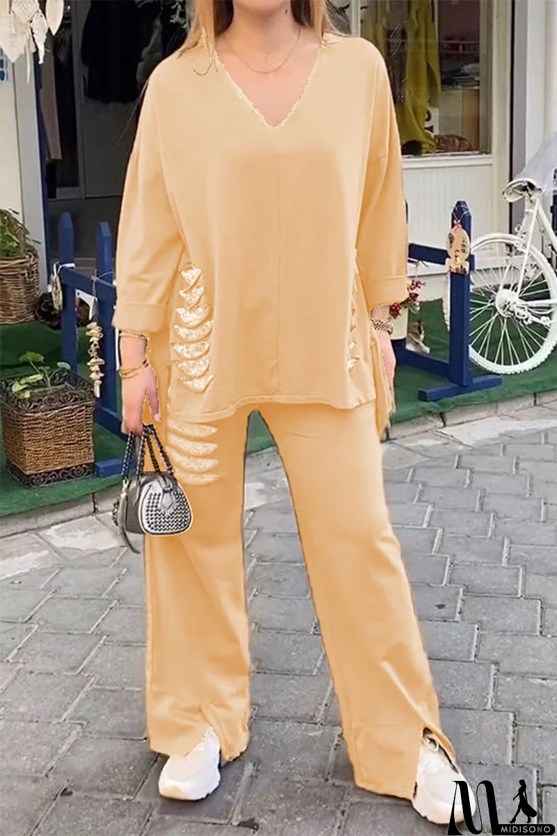 MidiSono - Casual Daily Ripped Sequins Irregular V Neck Half Sleeve Two Pieces(8 Colors)