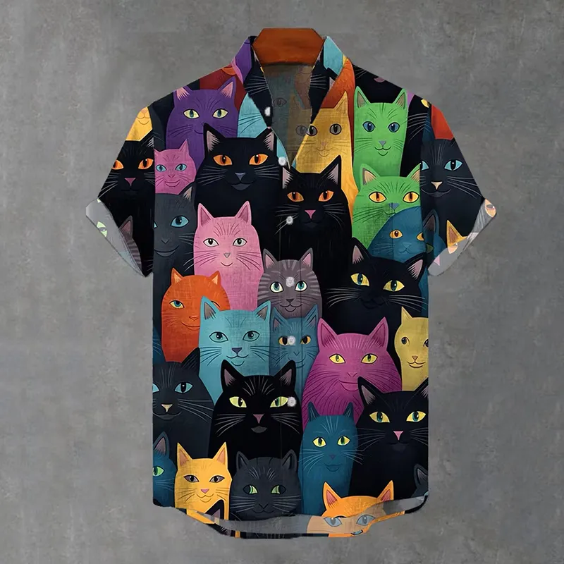 Men's Vintage Cartoon Black Cats And Colorful Cats Group Photo Printing Breast Pocket Stand Collar Flowy Linen Blend Casual Shirt  artssus