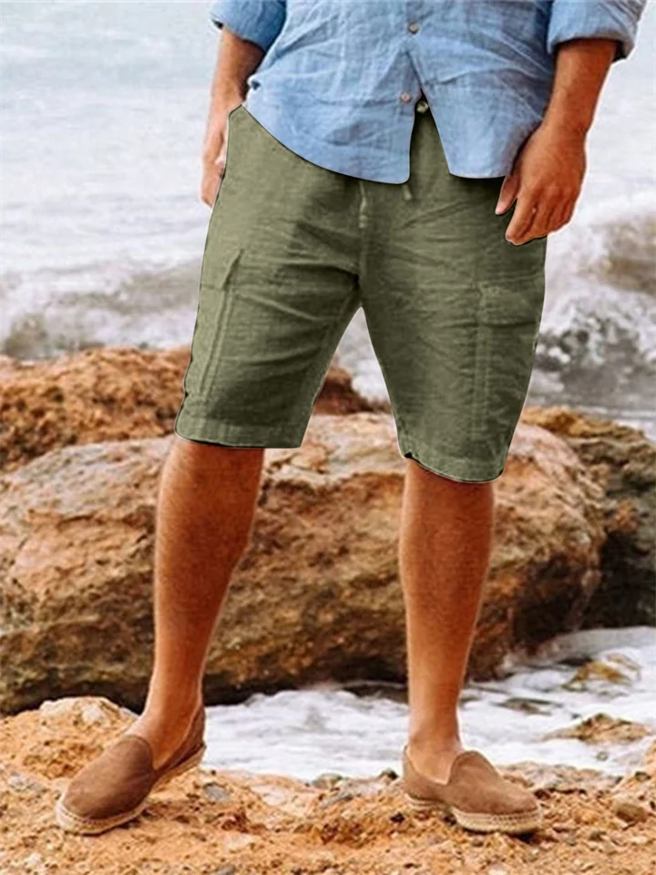 Men's Shorts Linen Shorts Summer Shorts Beach Shorts Drawstring Multi Pocket Plain Comfort Breathable Knee Length Casual Daily Linen / Cotton Blend Streetwear Classic Style White Army Green-Cosfine