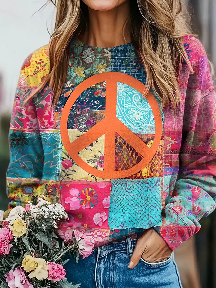 Women's Hippie Floral Collage Print Casual Crew Neck Sweatshirt