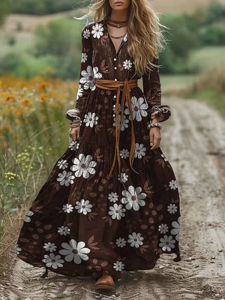 Women's Contrast Floral Print Pocket Cotton Shirt Dress