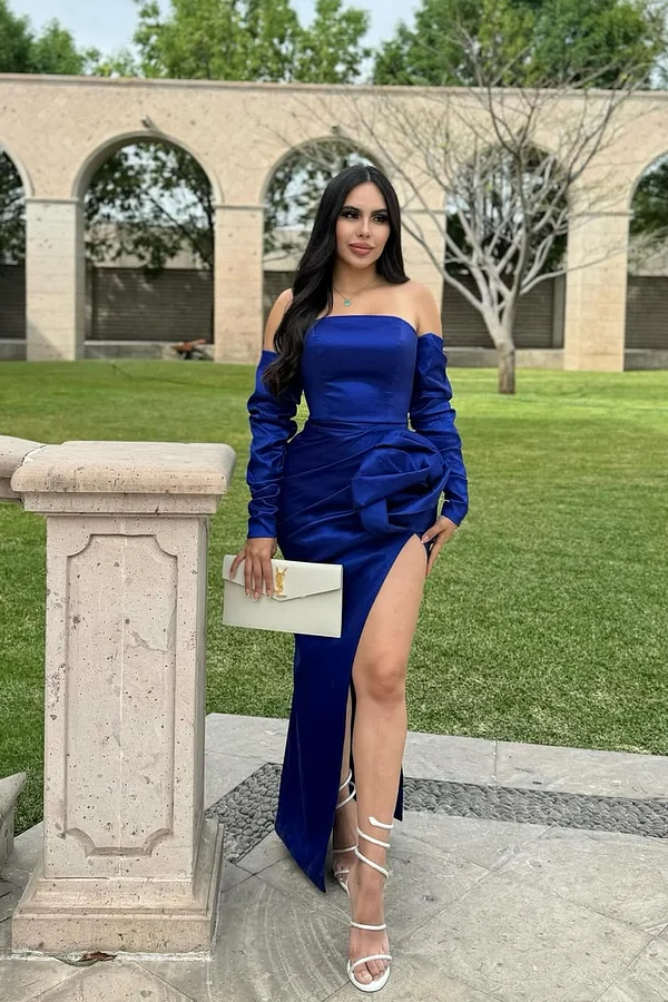 Daisda Baby Blue Long Sleeves Strapless Mermaid Pleated Prom Dress 