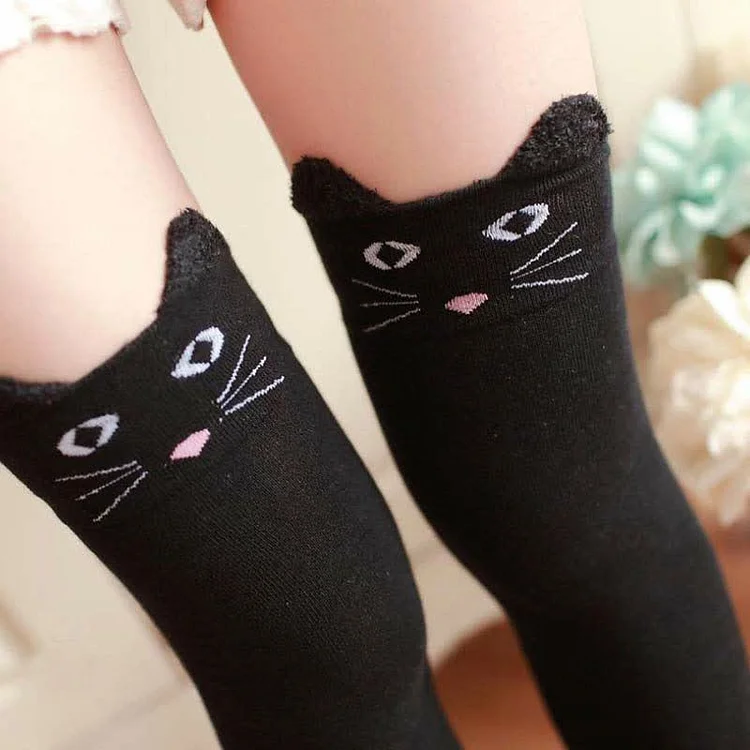 Cartoon Kitty Bear Print Stockings Over the Knee - Modakawa Modakawa
