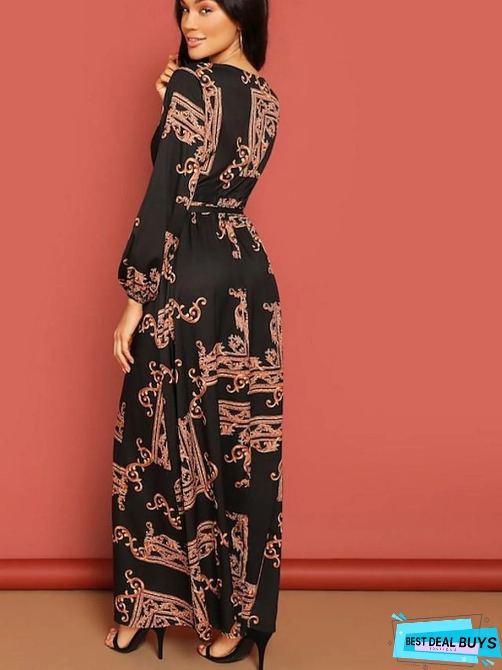 Women's A-Line Dress Maxi Long Dress Long Sleeve Geometric Spring & Summer Hot Elegant Black Navy Blue Black Dresses