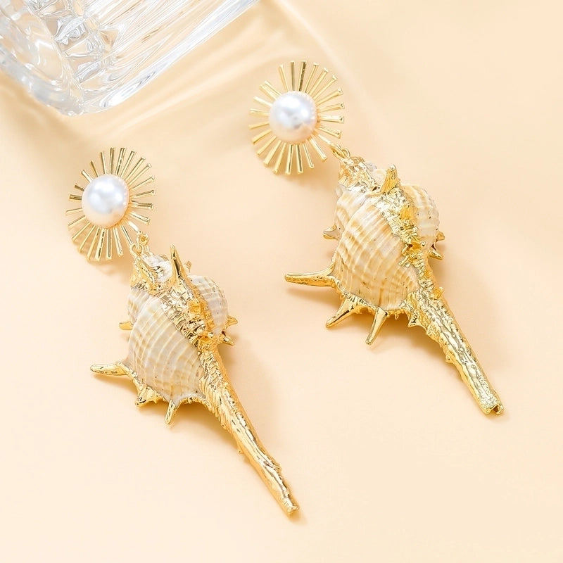 1 Pair Elegant Hawaiian Vacation SUNFLOWER (Jz001) Conch Inlay Alloy Imitation Pearl Shell Drop Earrings