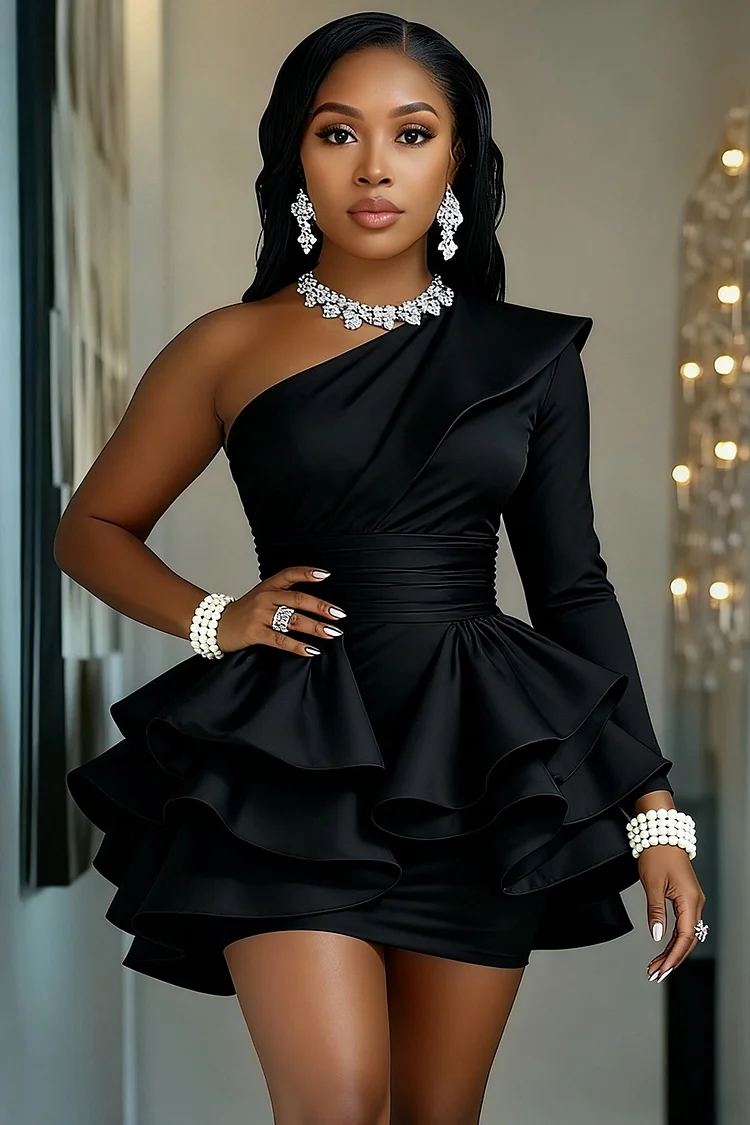 One Shoulder Long Sleeve Tiered Hem Party Mini Dresses-Black [Pre Order]