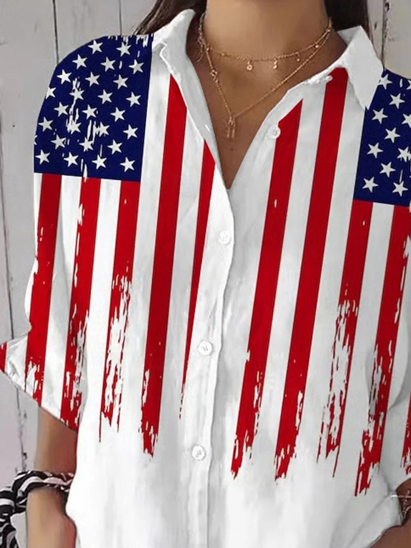 Women 3/4 Sleeve Shirt Collar National Flag Star Printed Graphic Button Tops