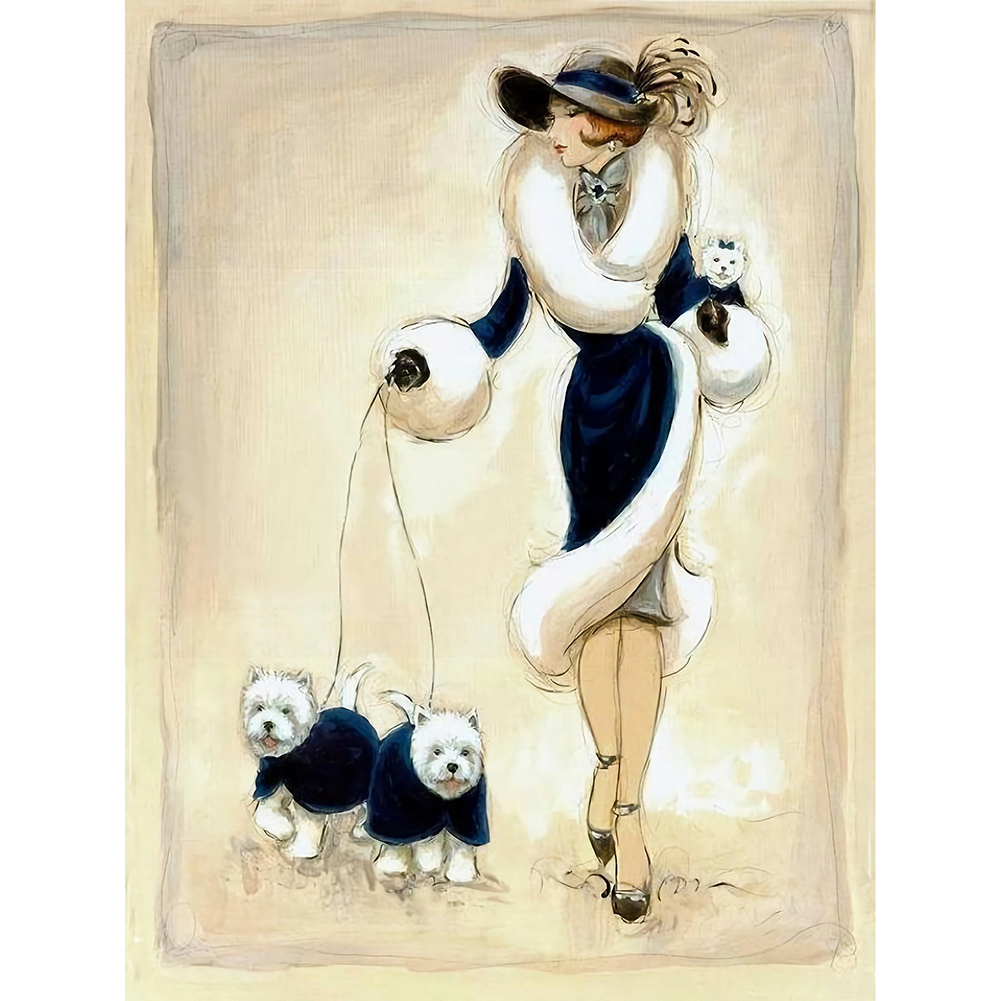 

30*40CM - Round Drill Diamond Painting - Lady and Dogs, 501 Original