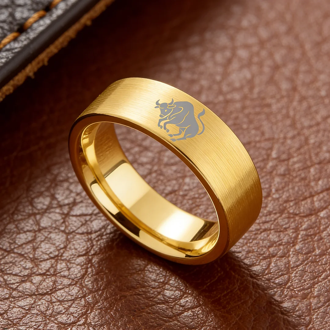 Taurus Tungsten Carbide Rings Gold Flat Wedding Band Comfort Fit Men and Women 4MM 6MM 8MM 