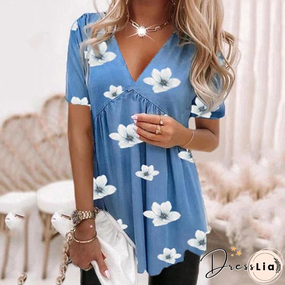 Printed Womenv Neck Pleated Tunic Tops