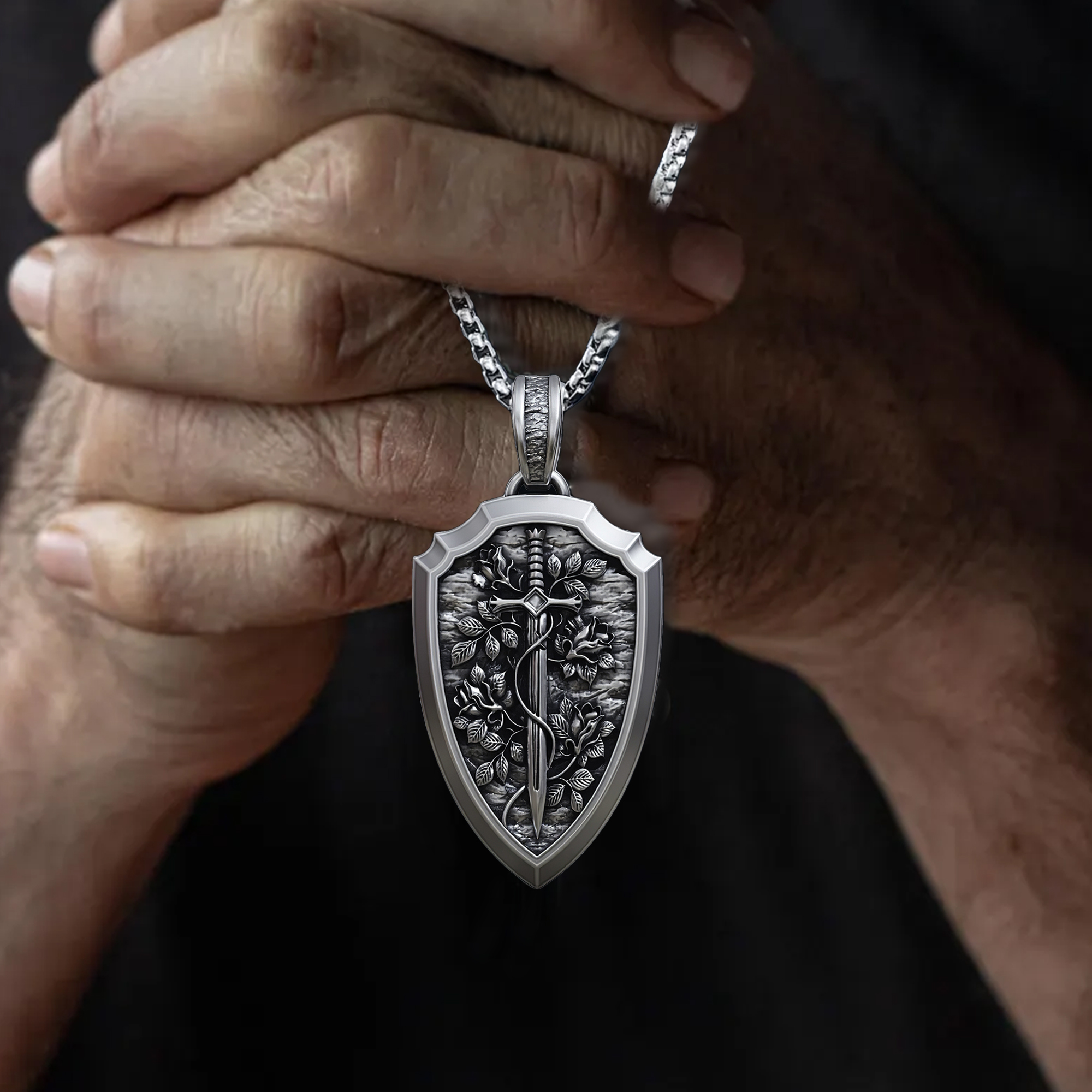 S925K Silver Necklace Sword and Shield Rose: Embedded Shield of Faith