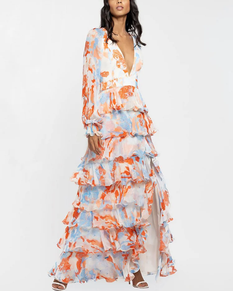 Chiffon Printed Long Layered Dress