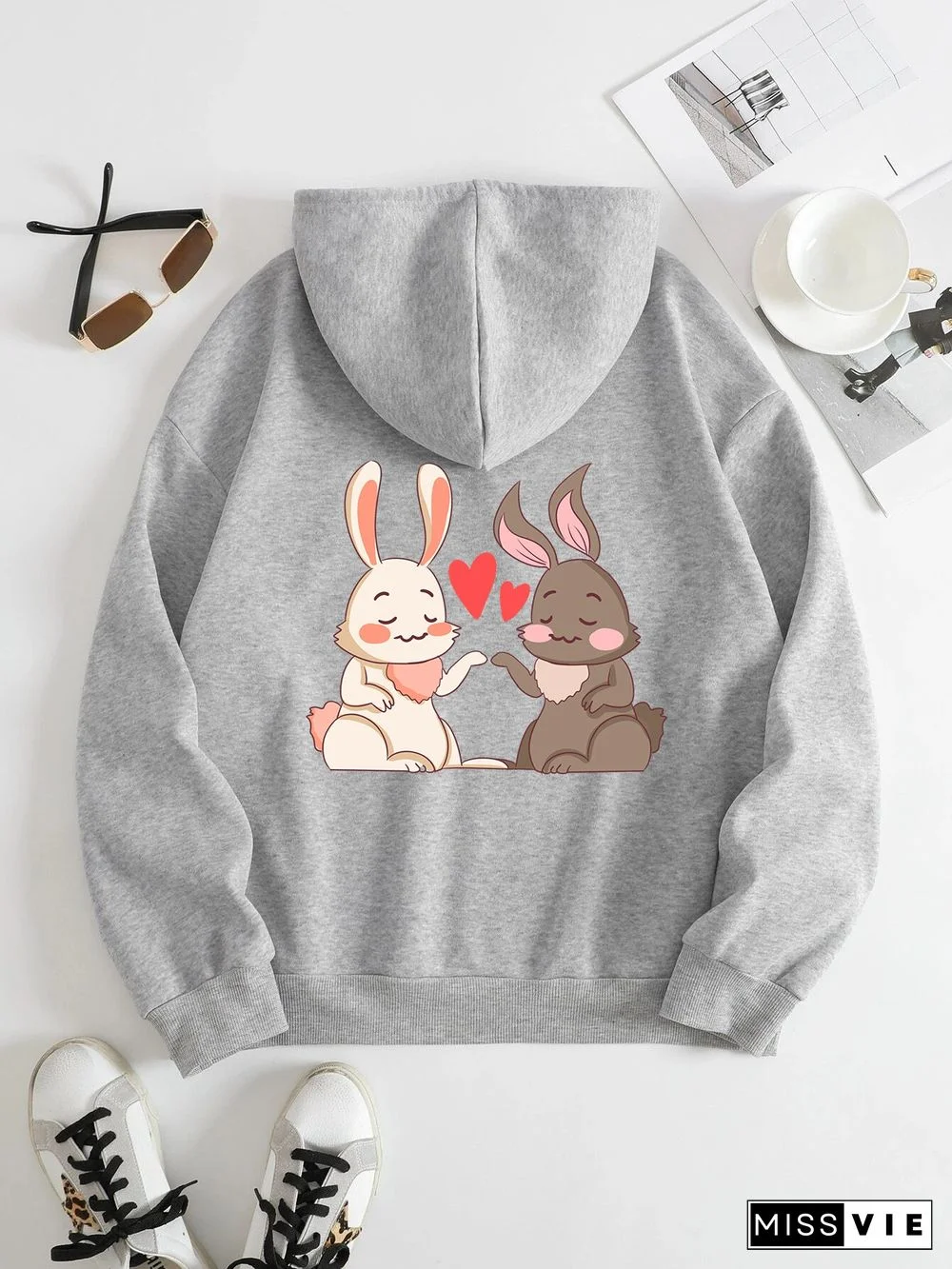 Printed on the Back Kangaroo Pocket Hoodie Long Sleeve for Women Pattern Rabbit in Love
