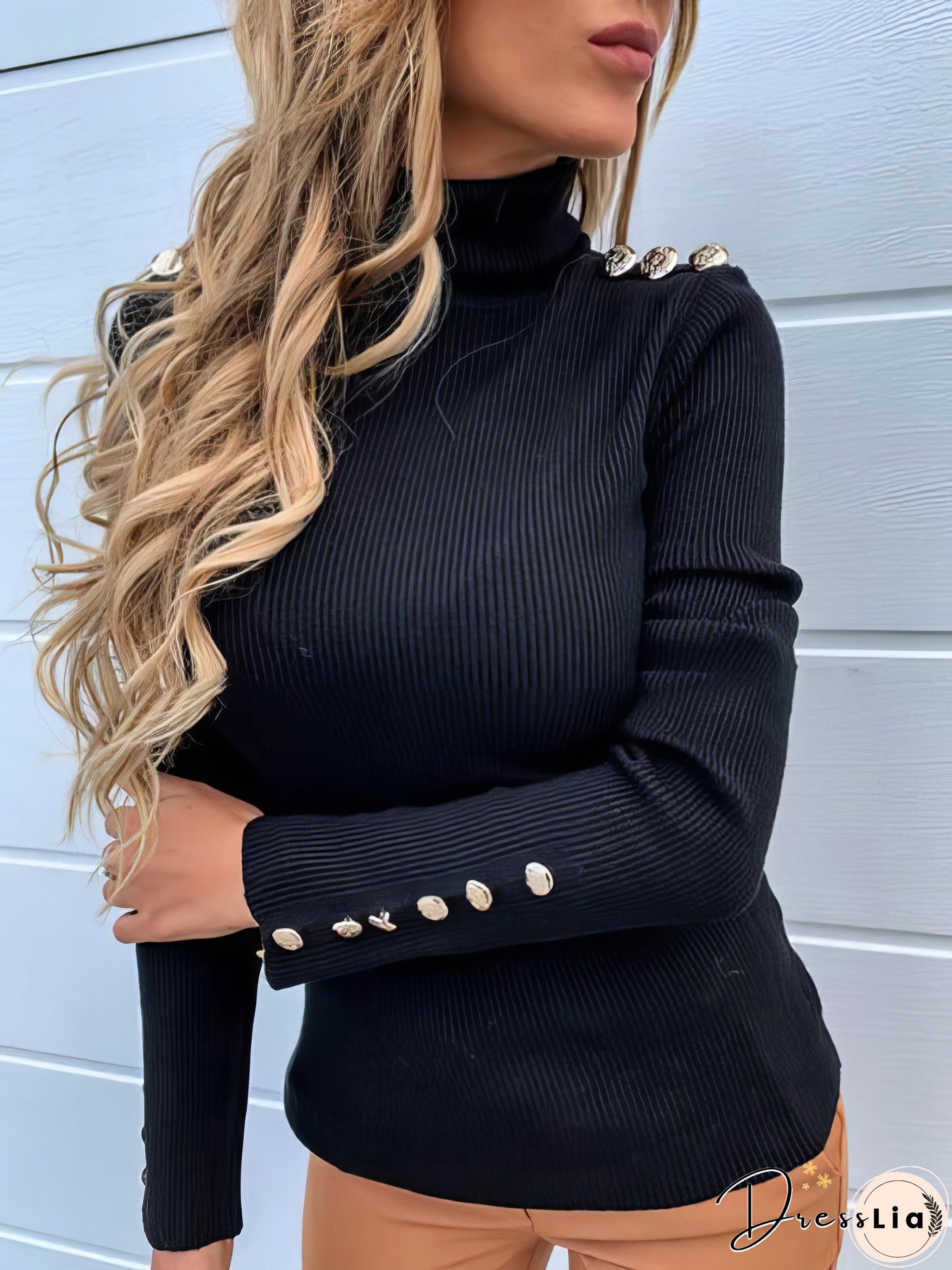 Solid Turtleneck Button Long Sleeve Sweater