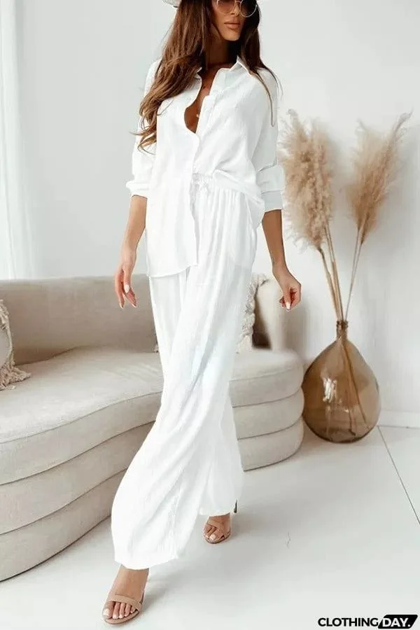 Michelle Cotton Blend Loose Solid Color Shirt Pants Suit