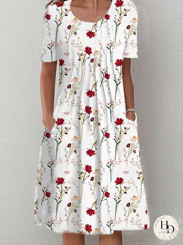 Casual Dress Mini Dress White Short Sleeve Floral Ruched Spring Summer Crew Neck Casual S M L XL XXL 3XL for Women