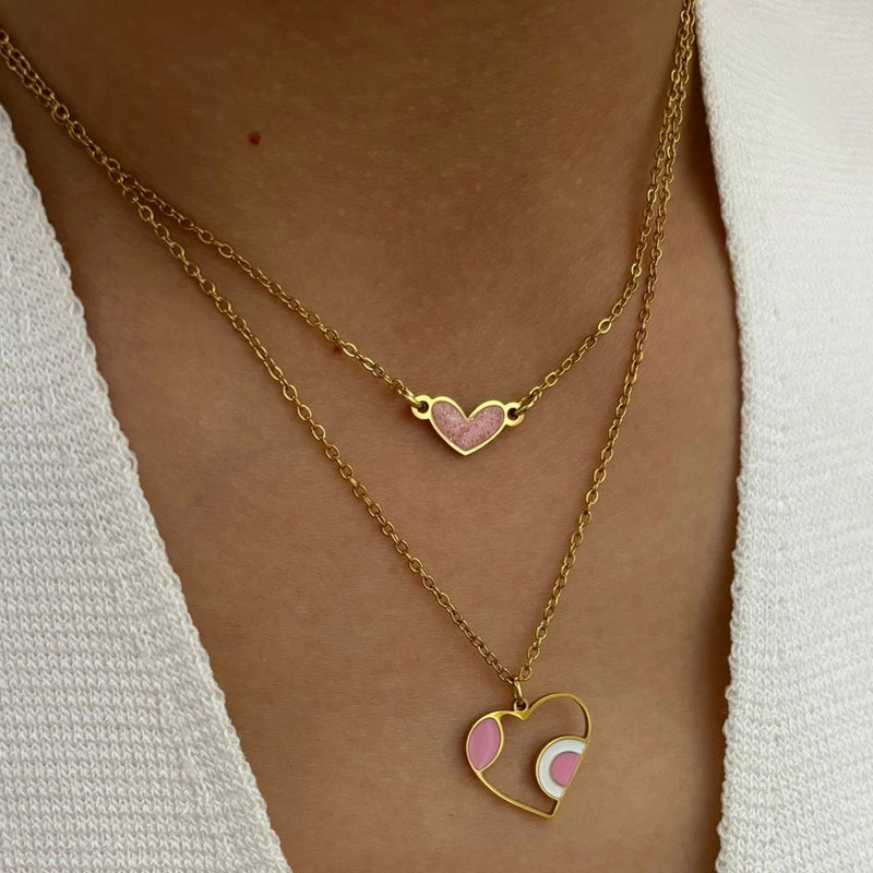 Sweet Heart Shape 316L Stainless Steel  Enamel Hollow Out Pendant Necklace