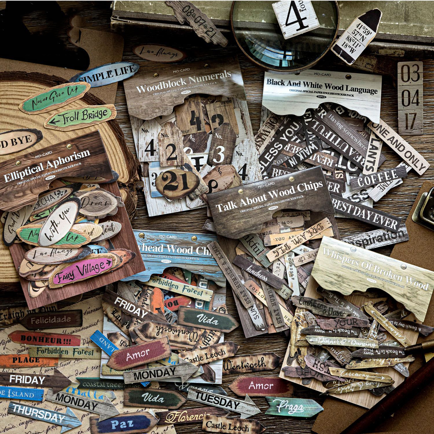 스티커 - 나무에 쓰인 글자 시리즈 빈티지 영어 텍스트 라벨