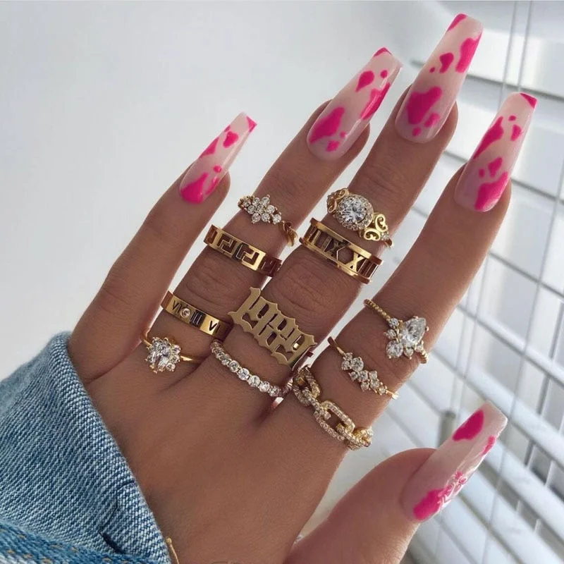 24pcs/Set Long Stiletto False Nails Pre-finished Europen Ink Design Artificial Full Cover Nail Art Tips Fake Nails wih Glue-Nail Inspo