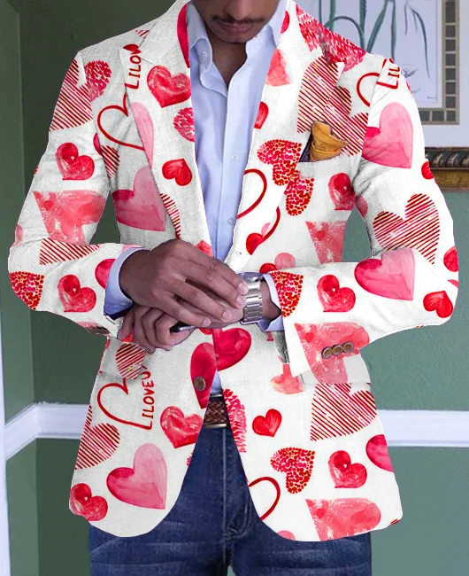 Red Heart Allover Pattern One Button Blazer 