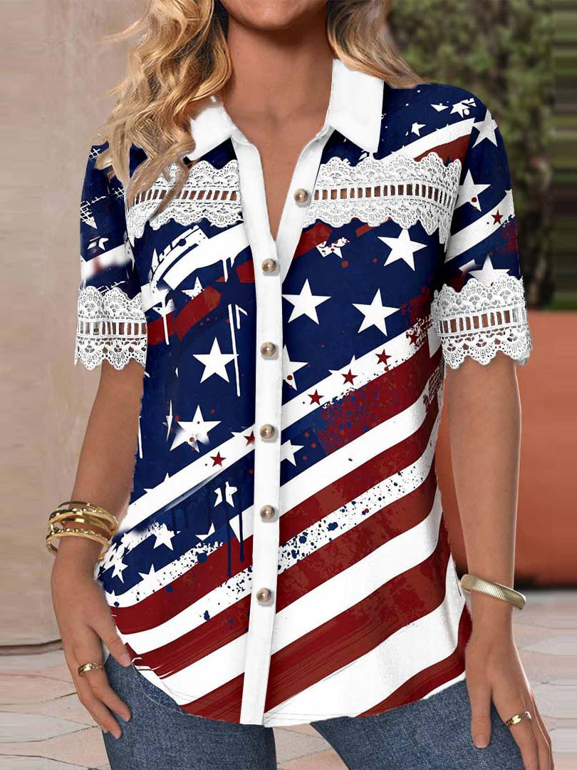 Women Short Sleeve V-neck Striped Star Printed Graphic Lace Hollow Stitching Button Tops