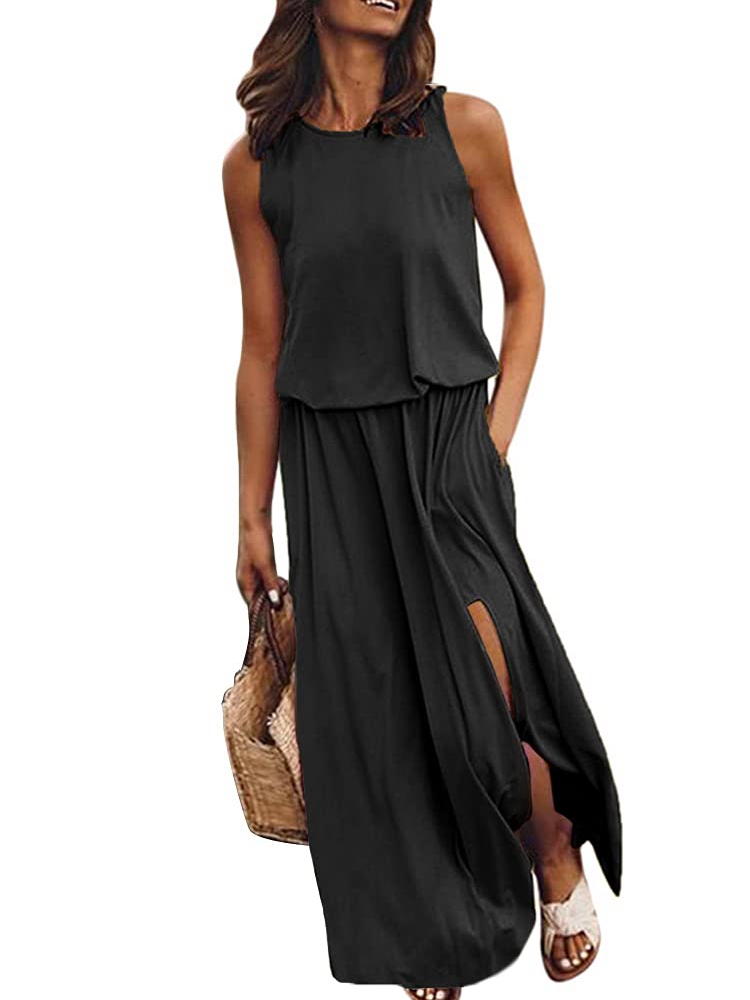 Fashion Solid Color Casual Sleeveless O Neck Loose Slit Maxi Dress