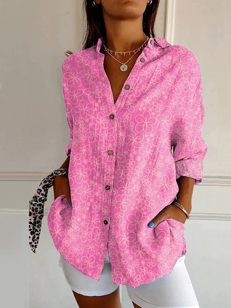 Classic Pink Cherry Print Casual Long Sleeve Shirt