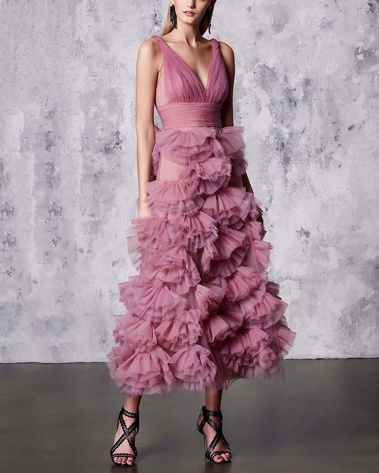Elegant Layered Mesh Evening Dress