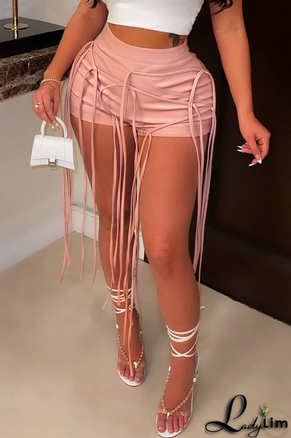 Pink Casual Street Solid Tassel Split Joint High Waist Straight Solid Color Bottoms