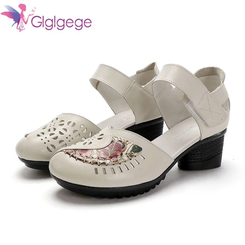 Glglgege Women Genuine Leather Shoes Mid Heels Natural Genuine Leather Thick Heel Shoes Cow Leather Mixed Colors Pumps Ladies 40