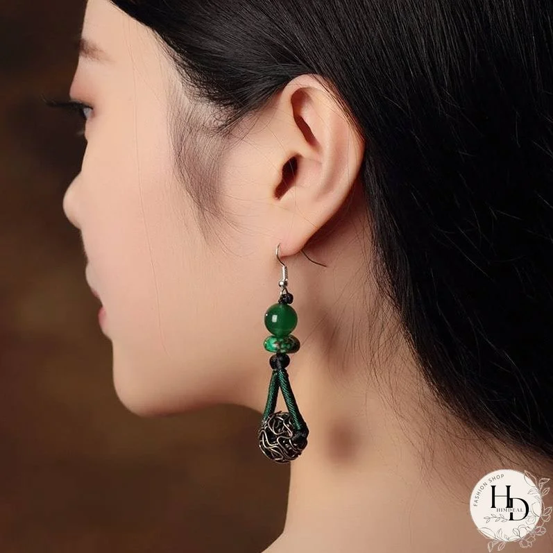 Ethnic style earrings green earrings women's vintage style sterling silver premium sense earrings