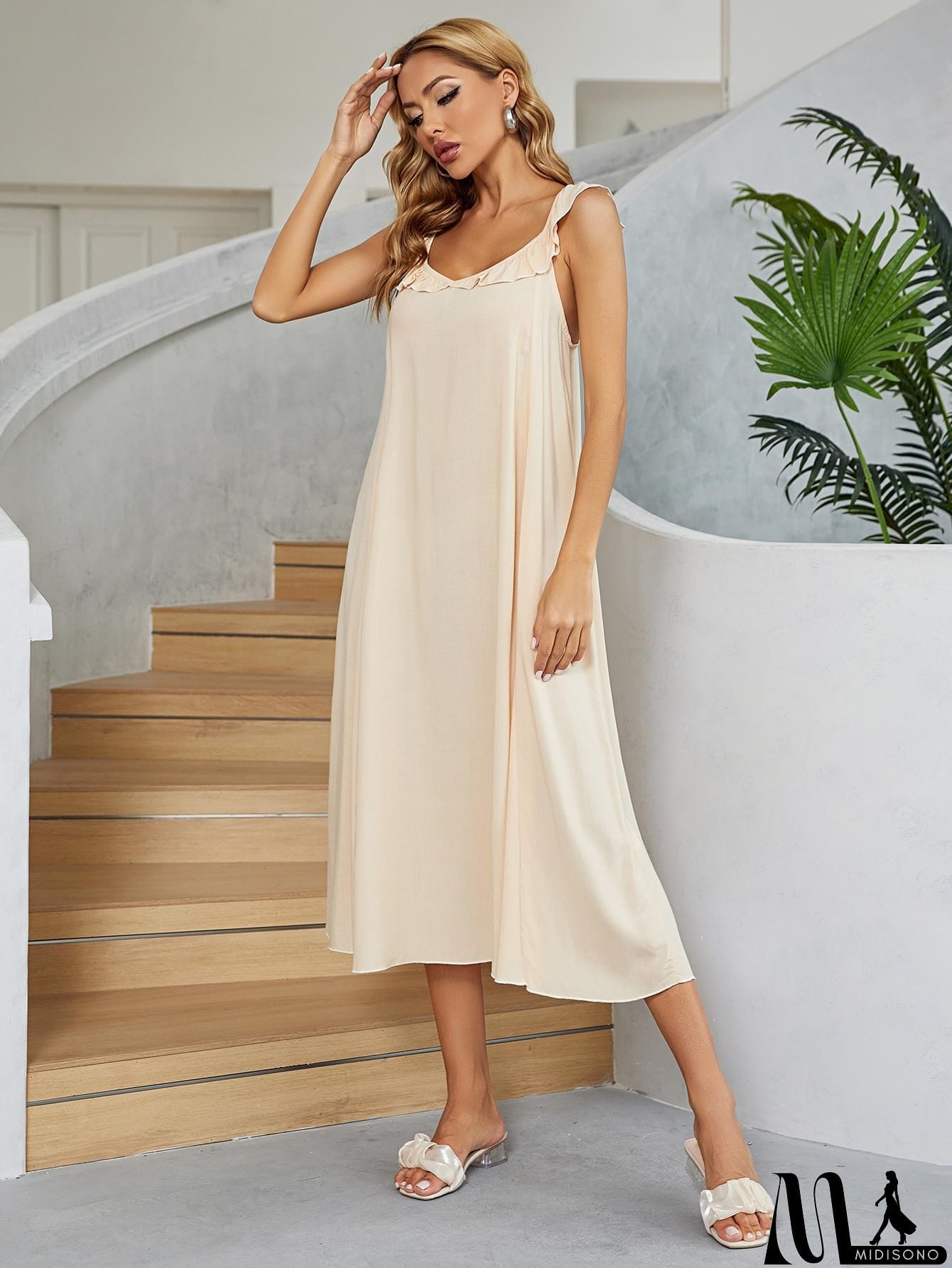 MidiSono - Ruffled V-Neck Midi Dress
