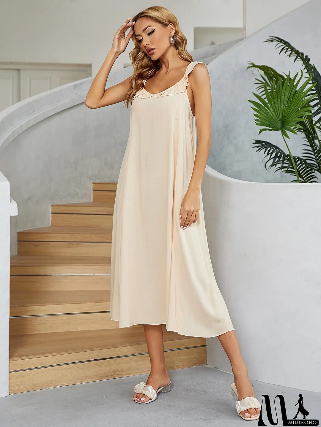 MidiSono - Ruffled V-Neck Midi Dress